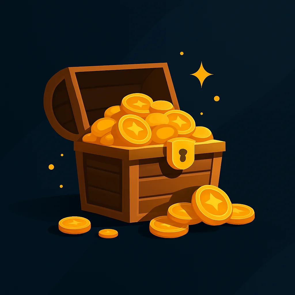 Treasure chest filled with glowing gold coins on a dark background, representing reward and fun on LootSplash.