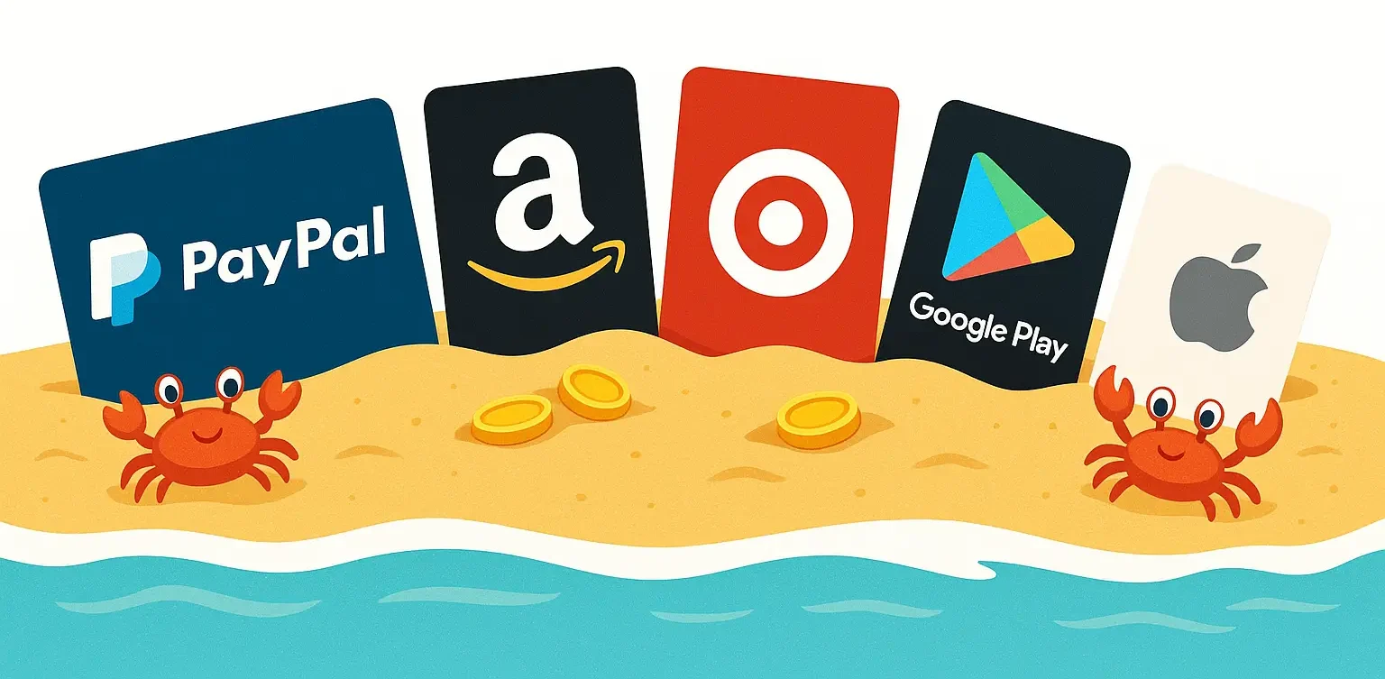 A colorful 2D illustration of five gift cards (PayPal, Amazon, Target, Google Play, and Apple) partially buried in the sand on a sunny beach, styled in a cheerful cartoon theme.