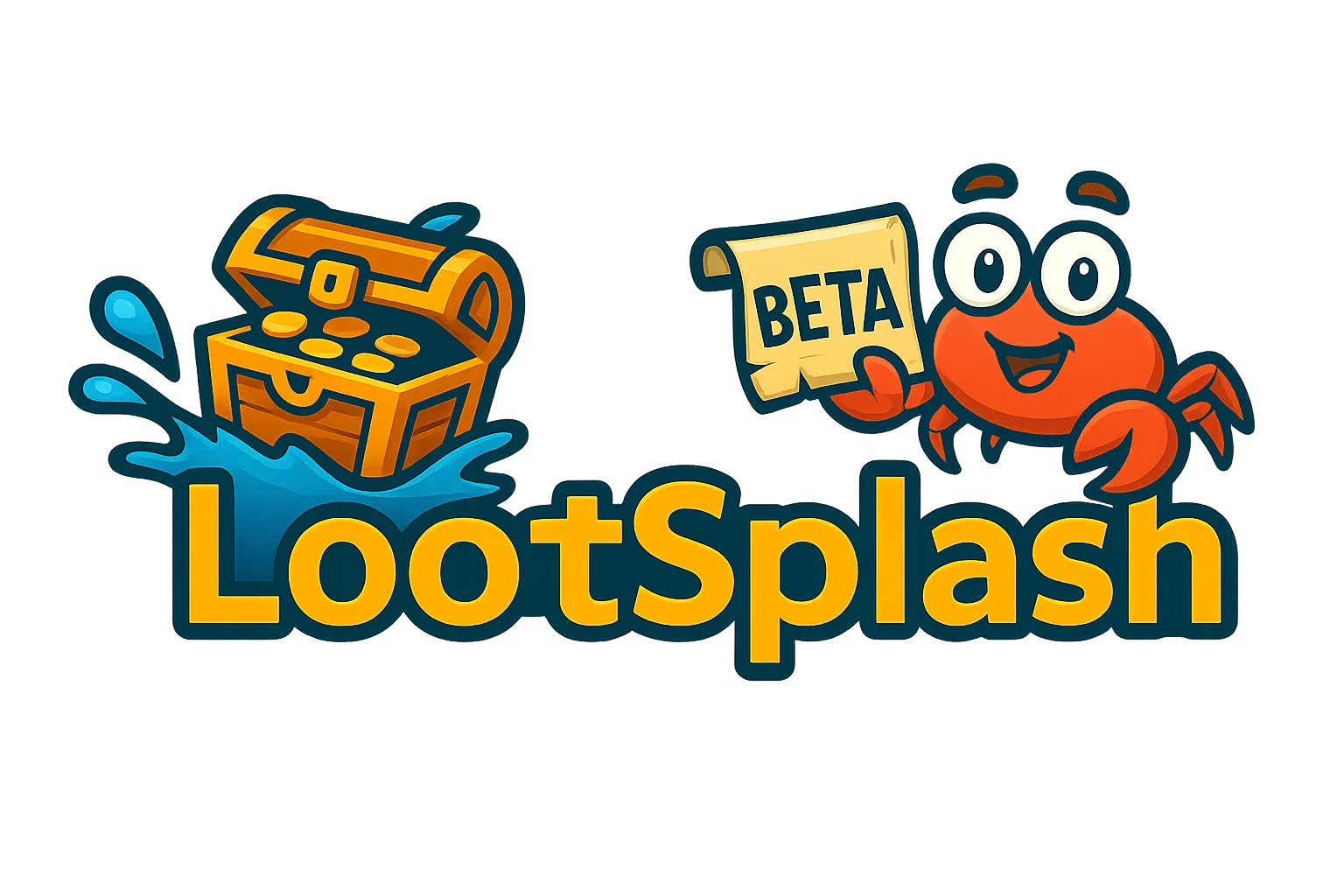 LootSplash logo featuring a cartoon crab holding a map labeled BETA next to a treasure chest and splash