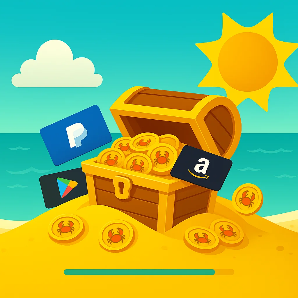 Treasure chest overflowing with CrabCoins and popular gift cards