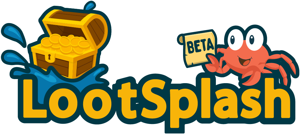 LootSplash logo featuring a cartoon crab holding a map labeled BETA next to a treasure chest and splash