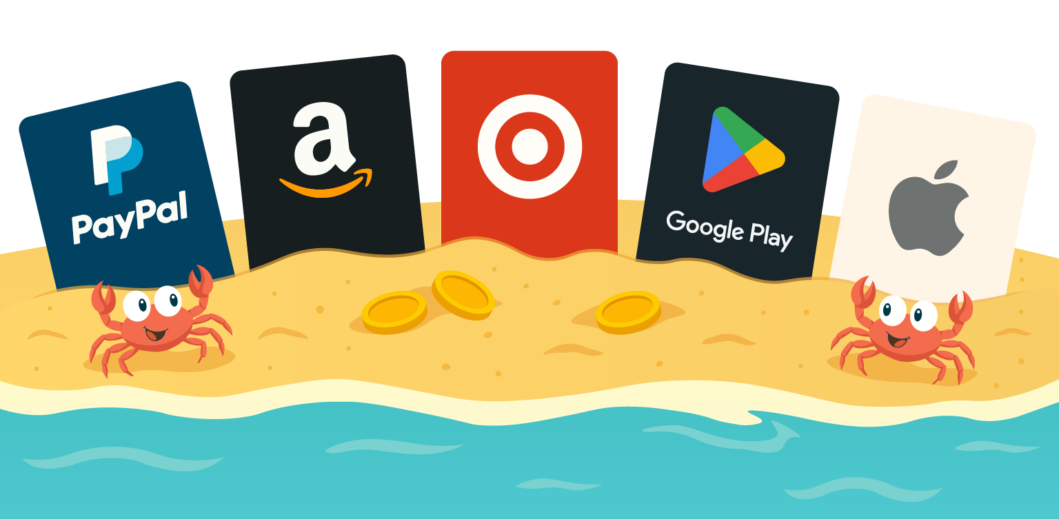 A colorful 2D illustration of five gift cards (PayPal, Amazon, Target, Google Play, and Apple) partially buried in the sand on a sunny beach, styled in a cheerful cartoon theme.